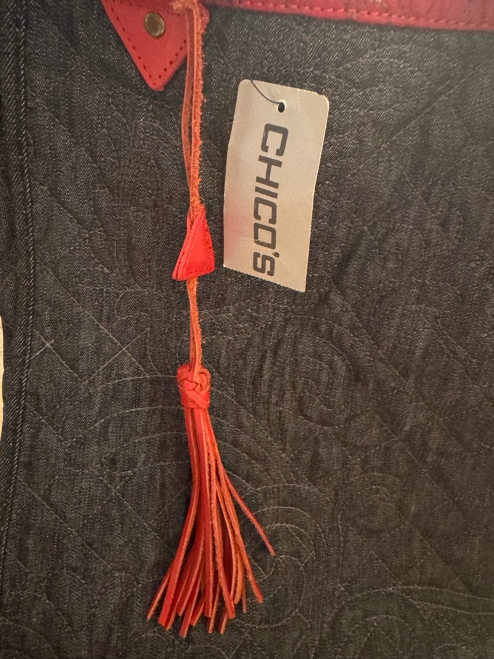 Chico's Denim Tote with Red Handles with Tassel - Picture 2 of 10